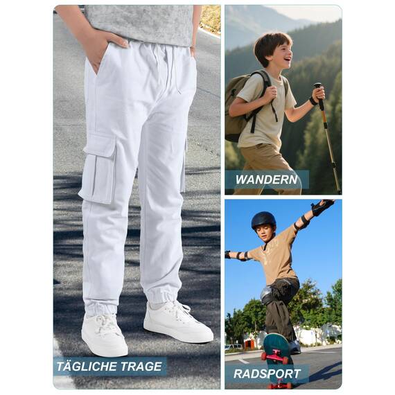 NATUST Jungen Cargohose Kinder Freizeithose Jogginghose Jungs Cargo Hose mit Elastischem Bund Weiß 128-134 (Herstellergröße: 130)
