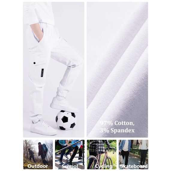 CAMLAKEE Cargohose Jungen Jogginghose Kinder Cargo Hosen Jungs Arbeitshose mit Elastischem Bund Wei?DE: 140-146 (Herstellergröße 140)