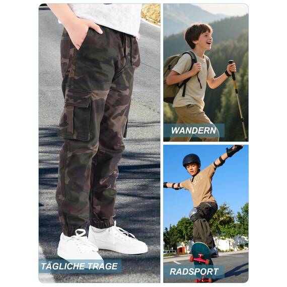 NATUST Jungen Cargohose Kinder Freizeithose Jogginghose Jungs Cargo Hose mit Elastischem Bund Tarngrün 128-134