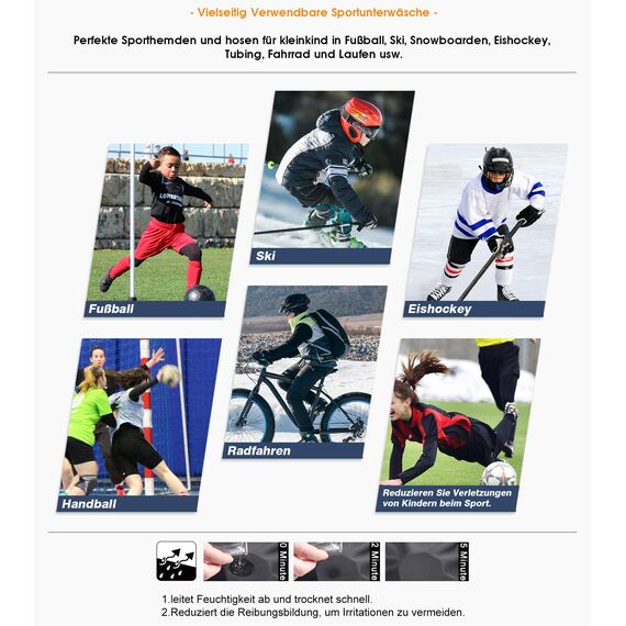 HOPLYNN 2er Pack Thermal Underwear Set für Kinder Funktionsunterwäsche Skiunterwäsche Jungen Atmungsaktiv Thermal Underwear Warme Fussball Ski Schwarz-XS