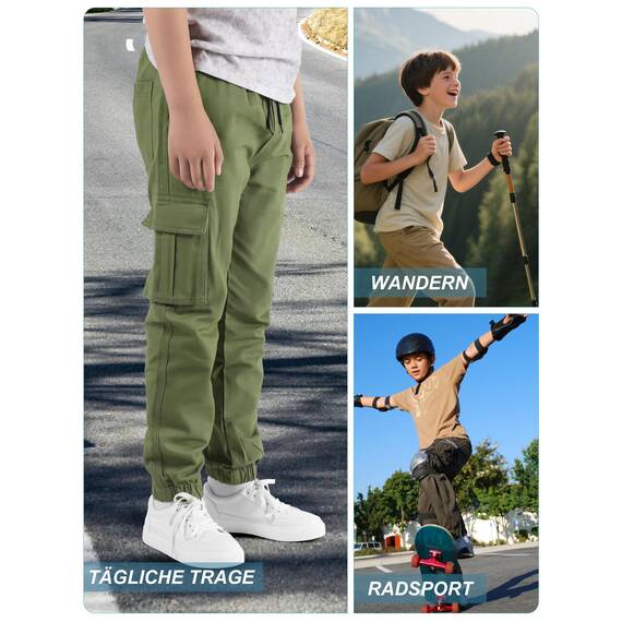 NATUST Jungen Cargohose Kinder Freizeithose Jogginghose Jungs Cargo Hose mit Elastischem Bund Armeegrün 134-140