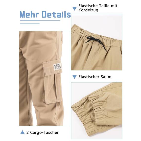 NATUST Jungen Cargohose Kinder Freizeithose Jogginghose Jungs Cargo Hose mit Elastischem Bund Khaki 128-134