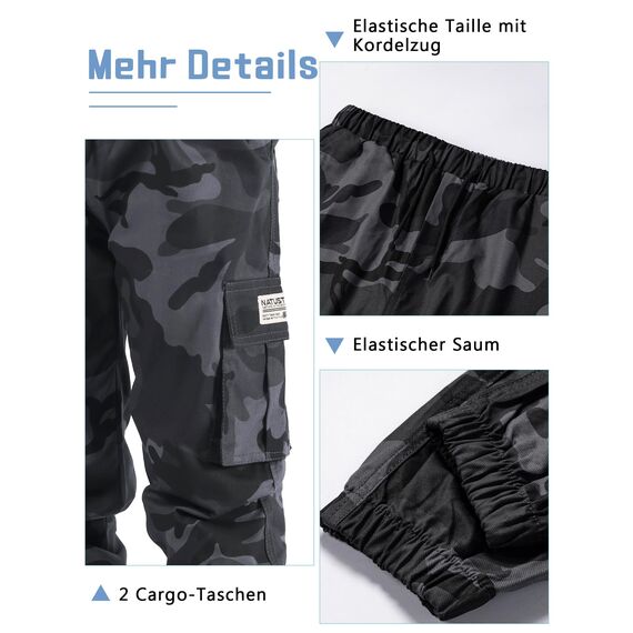 NATUST Jungen Cargohose Kinder Freizeithose Jogginghose Jungs Cargo Hose mit Elastischem Bund Tarngrau 134-140 (Herstellergröße: 140)