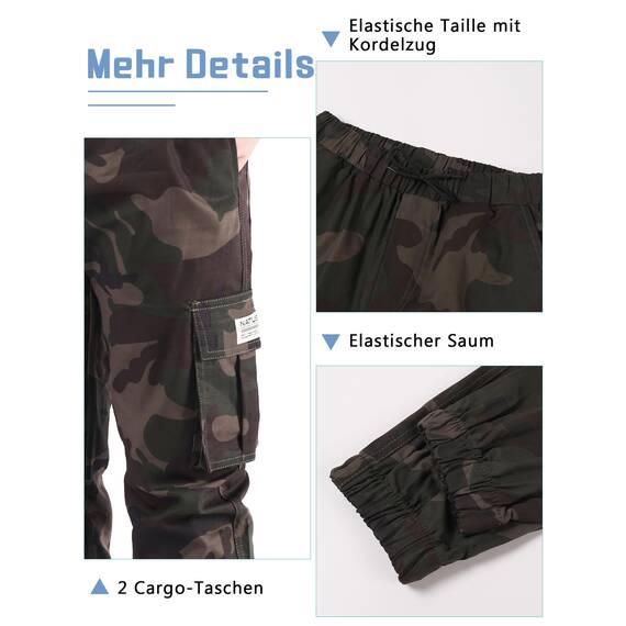 NATUST Jungen Cargohose Kinder Freizeithose Jogginghose Jungs Cargo Hose mit Elastischem Bund Tarngrün 170/176