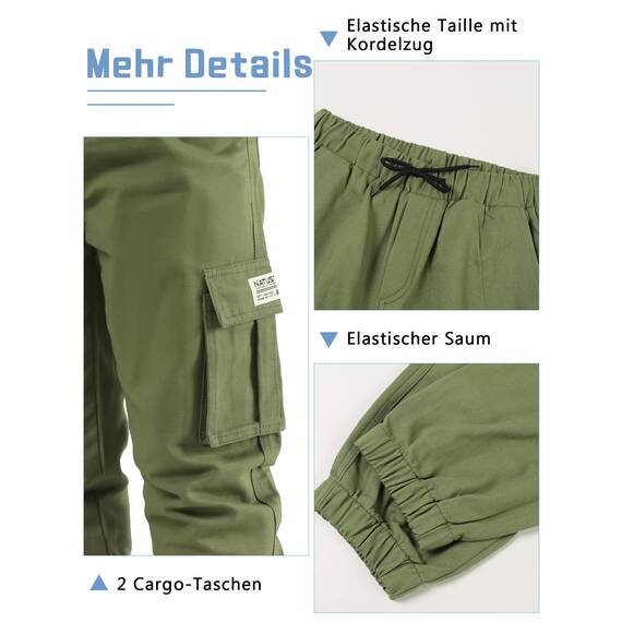 NATUST Jungen Cargohose Kinder Freizeithose Jogginghose Jungs Cargo Hose mit Elastischem Bund Armeegrün 146-152
