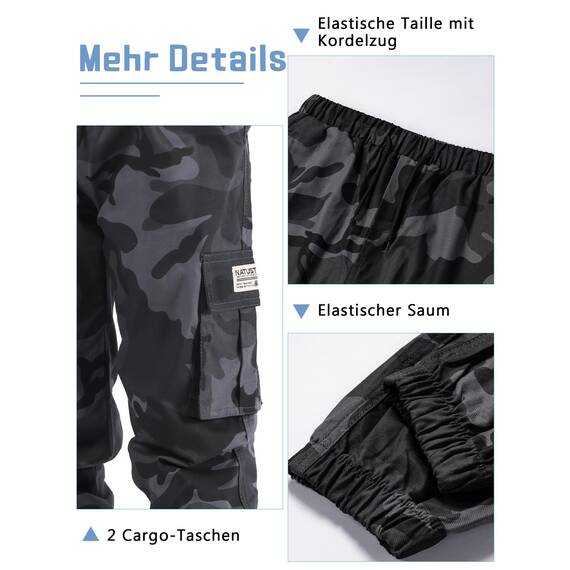 NATUST Jungen Cargohose Kinder Freizeithose Jogginghose Jungs Cargo Hose mit Elastischem Bund Tarngrau 158-164 (Herstellergröße: 160)