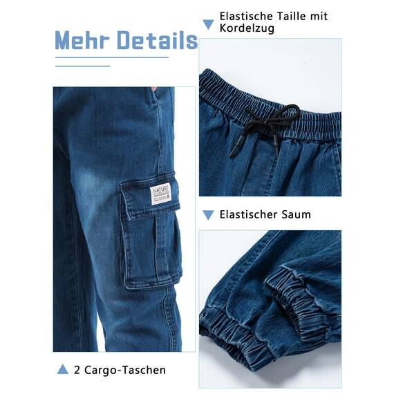 NATUST Jungen Cargohose Kinder Freizeithose Jogginghose Jungs Cargo Jeans mit Elastischem Bund Blau 134-140 (Herstellergröße: 140)