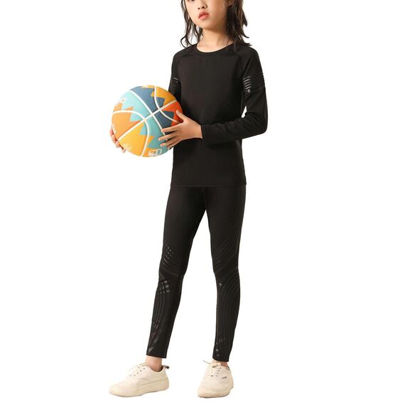 Echinodon Sportunterwäsche Kinder Fußball Jungen Mädchen Schnelltrockend Funktionsunterwäsche Kompressionsunterwäsche Set für Fitness Running Fußballtraining Basketball Radsport A-Schwarz 30