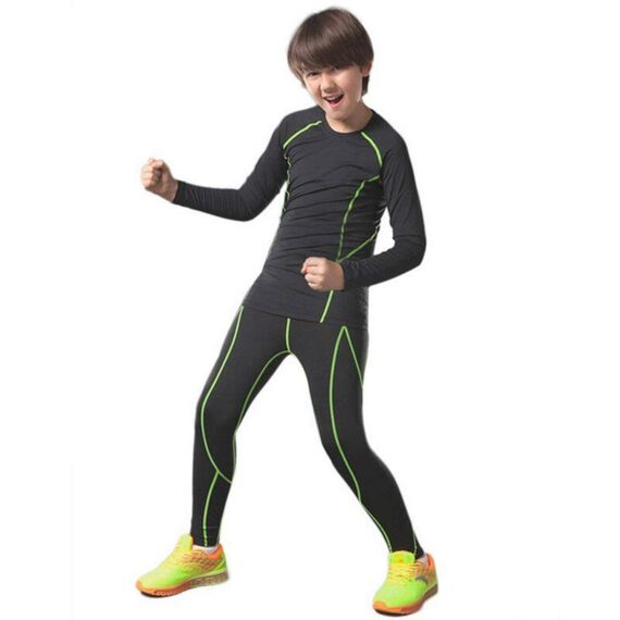 Echinodon Kinder Sportunterwäsche Fußball Junge Funktionsunterwäsche Set Kompressionsshirt + Kompressionshose Kompressionsunterwäsche für Training Skifahren Radsport (Fleecefutter-Grün, 158)