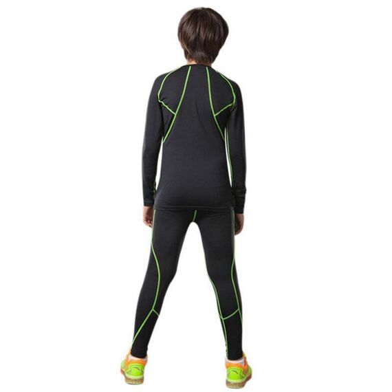 Echinodon Kinder Sportunterwäsche Fußball Junge Funktionsunterwäsche Set Kompressionsshirt + Kompressionshose Kompressionsunterwäsche für Training Skifahren Radsport (Fleecefutter-Grün, 158)
