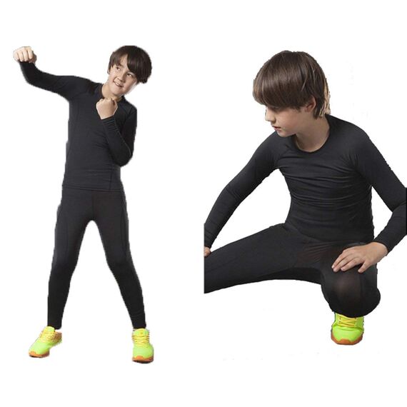 Echinodon Kinder Sportunterwäsche Fußball Junge Funktionsunterwäsche Set Kompressionsshirt + Kompressionshose Kompressionsunterwäsche für Training Skifahren Radsport (Fleecefutter-Schwarz, 116/122)
