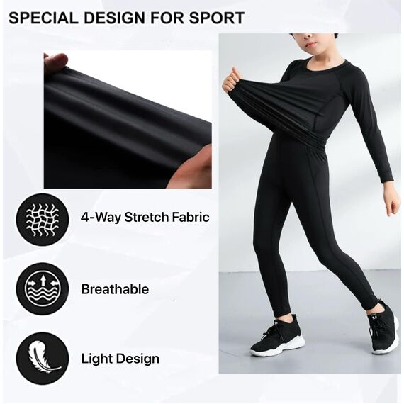 Echinodon Kinder Sportunterwäsche Fußball Junge Funktionsunterwäsche Set Kompressionsshirt + Kompressionshose Kompressionsunterwäsche für Training Skifahren Radsport (Fleecefutter-Schwarz, 146/152)