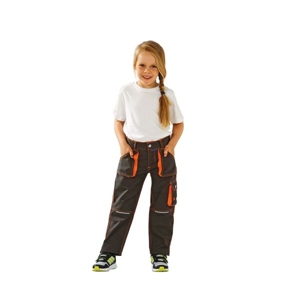 Planam 6112086 Kinderhose - Farbe oliv/orange - Doppelgrößen (Größennummer = Körpergröße) 86