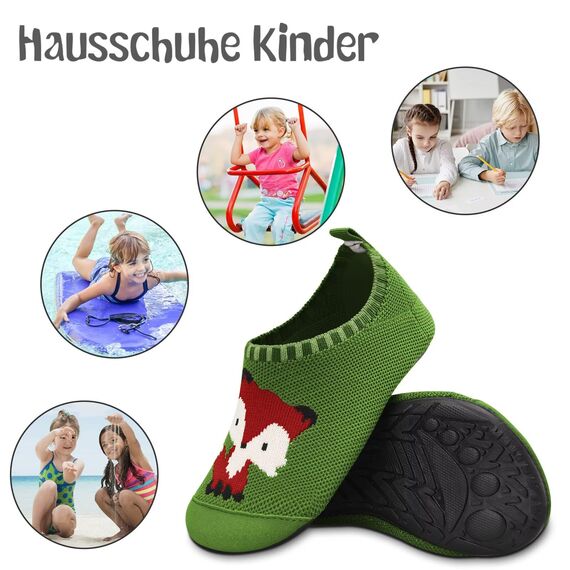 Kyopp Hausschuhe Kinder Junge Mädchen Pantoffeln Atmungsaktive Rutschfest Weich Barfussschuhe für Lauflernschuhe Kleinkinder Schuhe Kindergarten Unisex (Fuchs Grün 22/23EU)