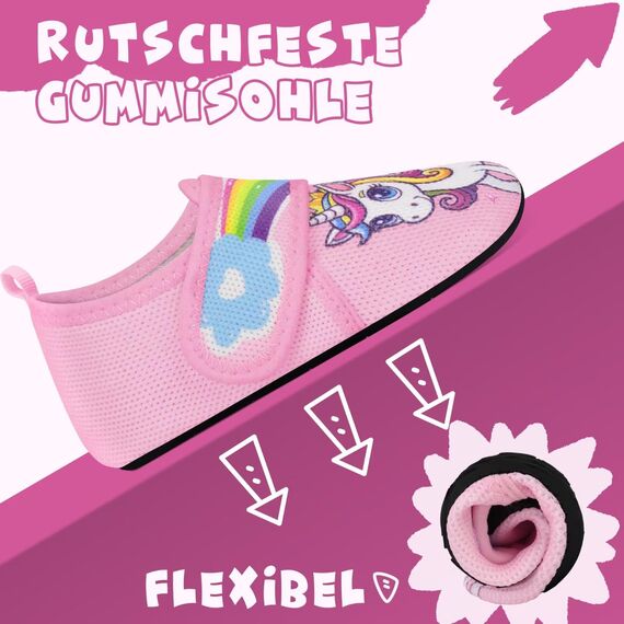 Kyopp Hausschuhe Kinder Junge Mädchen Pantoffeln Atmungsaktive Rutschfest Weich Barfussschuhe für Lauflernschuhe Kleinkinder Schuhe Kindergarten Unisex (Regenbogen-Einhorn 24/25EU)