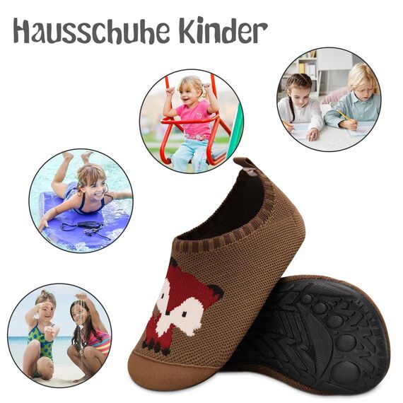 Kyopp Hausschuhe Kinder Junge Mädchen Pantoffeln Atmungsaktive Rutschfest Weich Barfussschuhe für Lauflernschuhe Kleinkinder Schuhe Kindergarten Unisex (Fuchs Dunkle Kaffeefarbe 22/23EU)