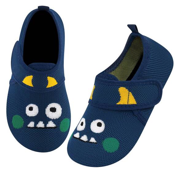 Kyopp Hausschuhe Kinder Junge Mädchen Pantoffeln Atmungsaktive Rutschfest Weich Barfussschuhe für Lauflernschuhe Kleinkinder Schuhe Kindergarten Unisex (Kleines Monster dunkelblau 24/25EU)