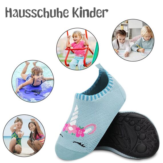 Kyopp Hausschuhe Kinder Junge Mädchen Pantoffeln Atmungsaktive Rutschfest Weich Barfussschuhe für Lauflernschuhe Kleinkinder Schuhe Kindergarten Unisex (Einhorn Blau 30/31EU)