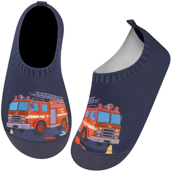 Kyopp Hausschuhe Kinder Junge Mädchen Pantoffeln Atmungsaktive Rutschfest Weich Barfussschuhe für Lauflernschuhe Kleinkinder Schuhe Kindergarten Unisex (Feuerwehrauto 22/23EU)