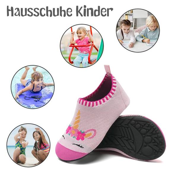 Kyopp Hausschuhe Kinder Junge Mädchen Pantoffeln Atmungsaktive Rutschfest Weich Barfussschuhe für Lauflernschuhe Kleinkinder Schuhe Kindergarten Unisex (Einhorn Rosa(Abstrakt) 32/33EU)