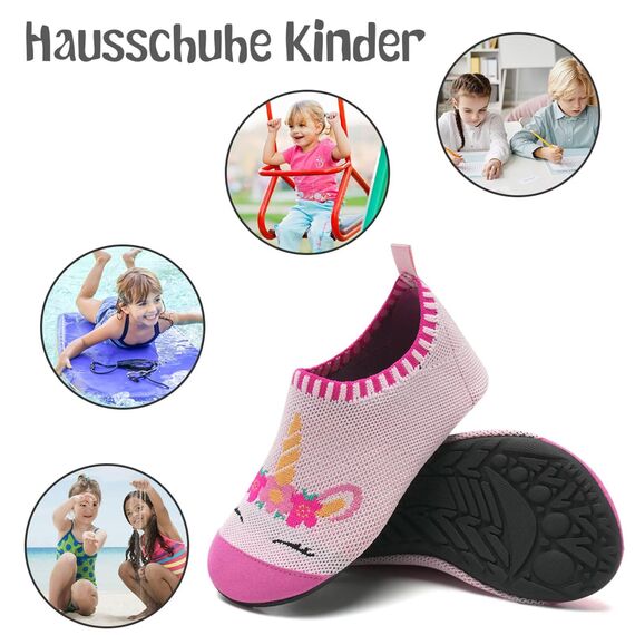 Kyopp Hausschuhe Kinder Junge Mädchen Kleinkinder Schuhe Barfussschuhe für Lauflernschuhe Kindergarten Pantoffeln Atmungsaktive Rutschfest Weich (Einhorn Rosa(Abstrakt) 24/25EU)