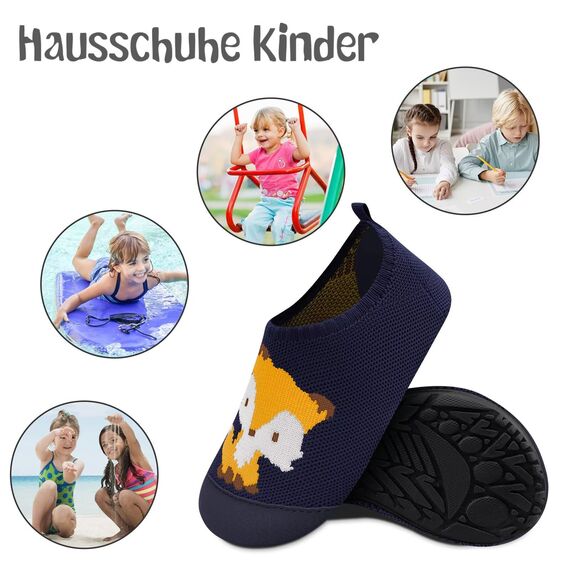 Kyopp Hausschuhe Kinder Junge Mädchen Pantoffeln Atmungsaktive Rutschfest Weich Barfussschuhe für Lauflernschuhe Kleinkinder Schuhe Kindergarten Unisex (Fuchs Marineblau 26/27EU)