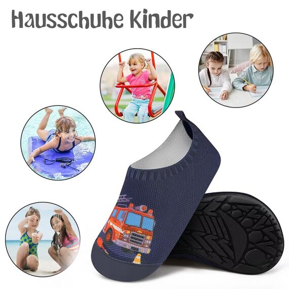 Kyopp Hausschuhe Kinder Junge Mädchen Pantoffeln Atmungsaktive Rutschfest Weich Barfussschuhe für Lauflernschuhe Kleinkinder Schuhe Kindergarten Unisex (Feuerwehrauto 22/23EU)