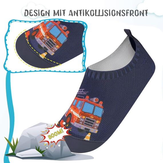 Kyopp Hausschuhe Kinder Junge Mädchen Pantoffeln Atmungsaktive Rutschfest Weich Barfussschuhe für Lauflernschuhe Kleinkinder Schuhe Kindergarten Unisex (Feuerwehrauto 22/23EU)
