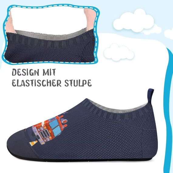 Kyopp Hausschuhe Kinder Junge Mädchen Pantoffeln Atmungsaktive Rutschfest Weich Barfussschuhe für Lauflernschuhe Kleinkinder Schuhe Kindergarten Unisex (Feuerwehrauto 22/23EU)