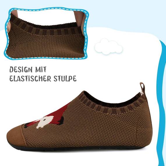 Kyopp Hausschuhe Kinder Junge Mädchen Pantoffeln Atmungsaktive Rutschfest Turnschläppchen Weich Barfussschuhe für Lauflernschuhe Kindergarten Slippers Gr.20-35 (Fuchs Dunkle Kaffeefarbe 32/33EU)