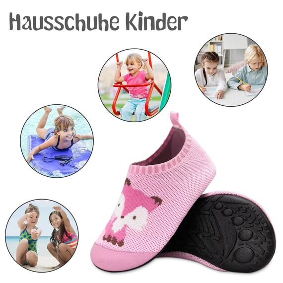 Kyopp Hausschuhe Kinder Junge Mädchen Pantoffeln Atmungsaktive Rutschfest Weich Barfussschuhe für Lauflernschuhe Kleinkinder Schuhe Kindergarten Unisex (Fuchs Rosa 26/27EU)