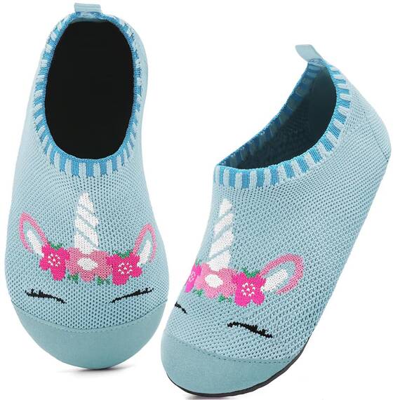 Kyopp Hausschuhe Kinder Junge Mädchen Pantoffeln Atmungsaktive Rutschfest Weich Barfussschuhe für Lauflernschuhe Kleinkinder Schuhe Kindergarten Unisex (Einhorn Blau 32/33EU)