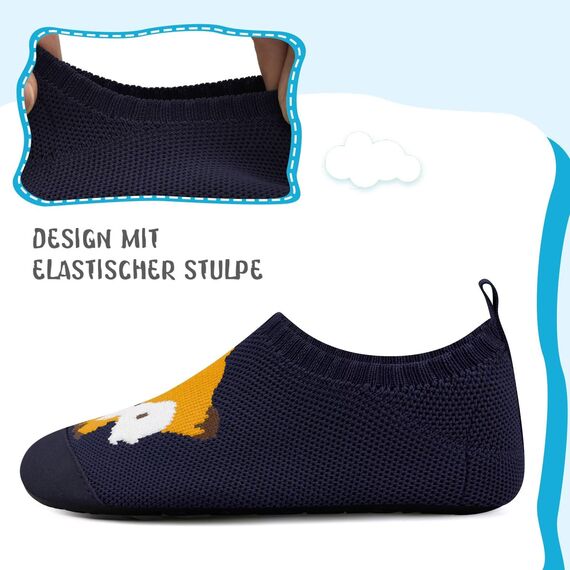 Kyopp Hausschuhe Kinder Junge Mädchen Pantoffeln Atmungsaktive Rutschfest Weich Barfussschuhe für Lauflernschuhe Kleinkinder Schuhe Kindergarten Unisex (Fuchs Marineblau 26/27EU)