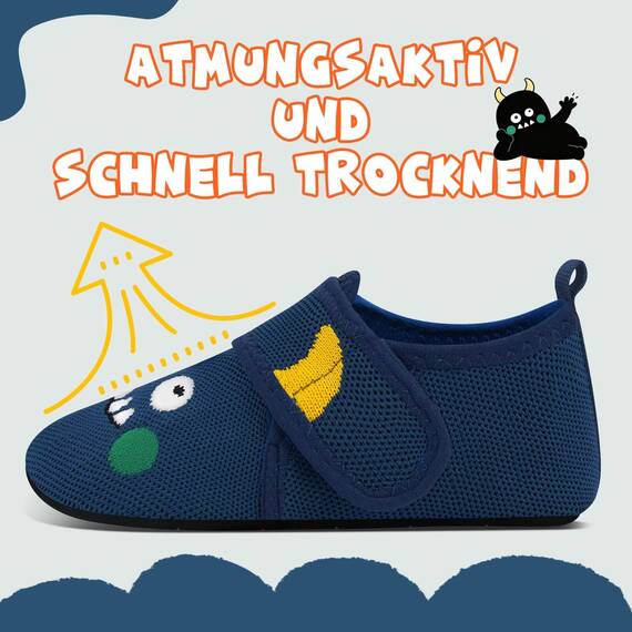 Kyopp Hausschuhe Kinder Junge Mädchen Pantoffeln Atmungsaktive Rutschfest Weich Barfussschuhe für Lauflernschuhe Kleinkinder Schuhe Kindergarten Unisex (Kleines Monster dunkelblau 32/33EU)