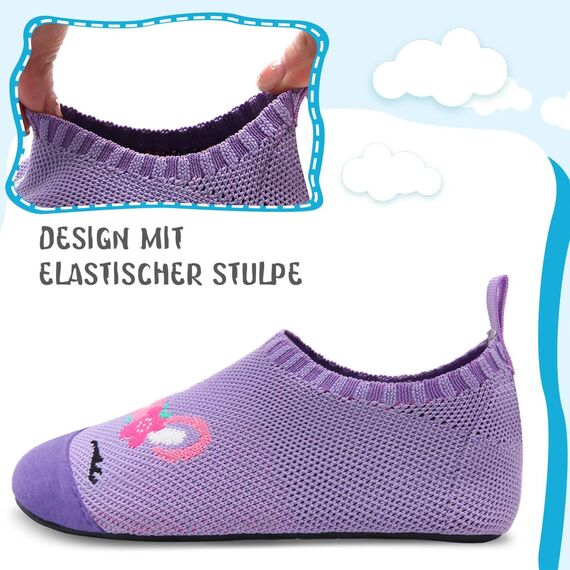 Kyopp Hausschuhe Kinder Junge Mädchen Pantoffeln Atmungsaktive Rutschfest Weich Barfussschuhe für Lauflernschuhe Kleinkinder Schuhe Kindergarten Unisex (Einhorn Lila 28/29EU)