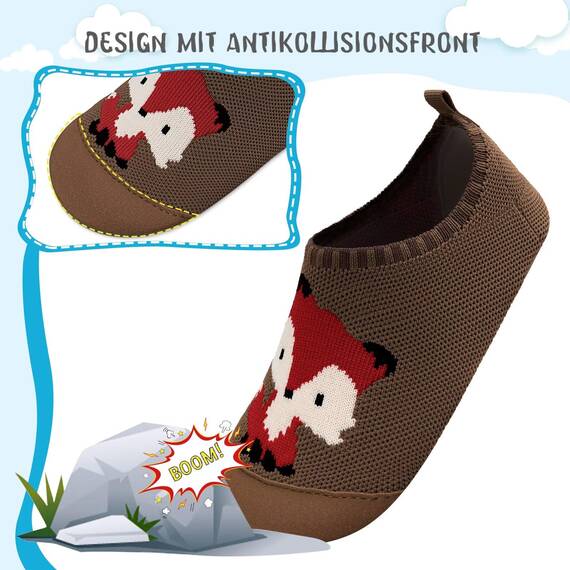 Kyopp Hausschuhe Kinder Junge Mädchen Pantoffeln Atmungsaktive Rutschfest Turnschläppchen Weich Barfussschuhe für Lauflernschuhe Kindergarten Slippers Gr.20-35 (Fuchs Dunkle Kaffeefarbe 32/33EU)
