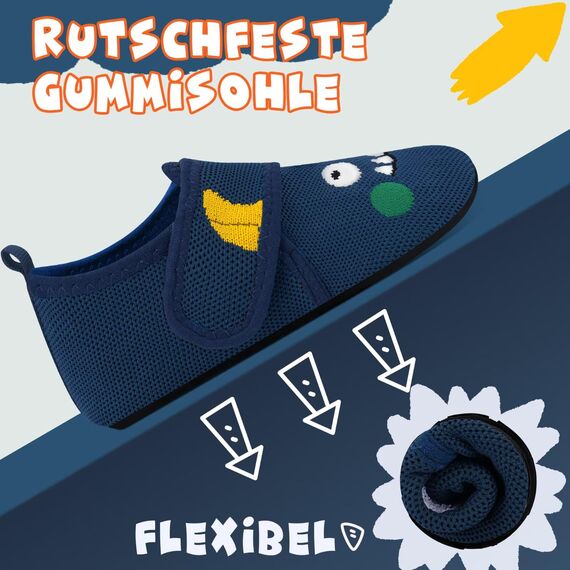 Kyopp Hausschuhe Kinder Junge Mädchen Pantoffeln Atmungsaktive Rutschfest Weich Barfussschuhe für Lauflernschuhe Kleinkinder Schuhe Kindergarten Unisex (Kleines Monster dunkelblau 34/35EU)