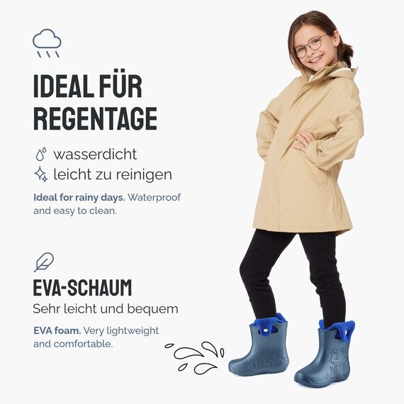 Ladeheid EVA Kinder Jungen Mädchen Gummistiefel Regenschuhe gefüttert Regenstiefel Gummischuhe LA-CA-04 (Metallisches Blau/Marineblau-2, 28/29 EU)