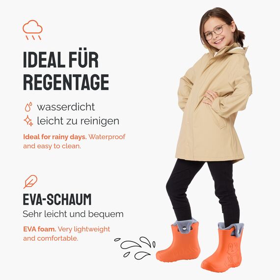 Ladeheid EVA Kinder Jungen Mädchen Gummistiefel Regenschuhe gefüttert Regenstiefel Gummischuhe LA-CA-04 (Orange/Grau, 26/27 EU)