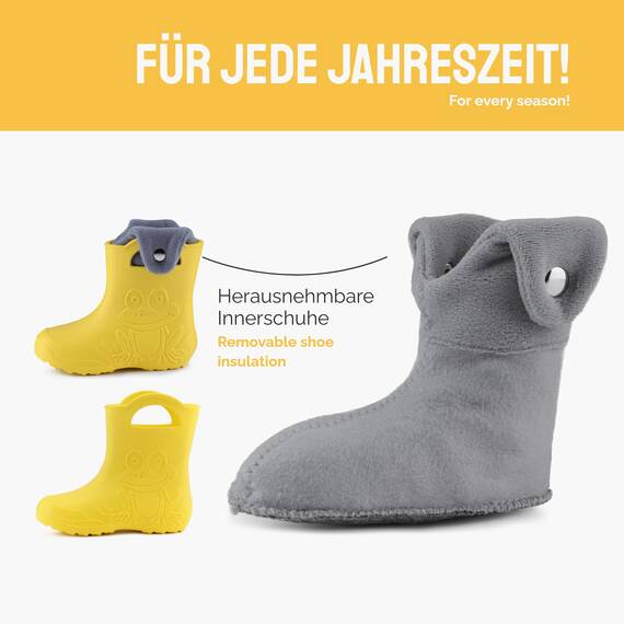 Ladeheid EVA Kinder Jungen Mädchen Gummistiefel Regenschuhe gefüttert Regenstiefel Gummischuhe LA-CA-04 (Gelb/Grau, 26/27 EU)