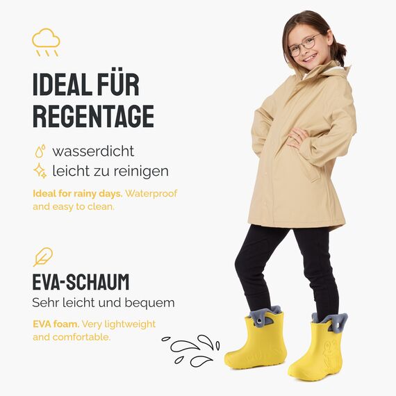 Ladeheid EVA Kinder Jungen Mädchen Gummistiefel Regenschuhe gefüttert Regenstiefel Gummischuhe LA-CA-04 (Gelb/Grau, 22/23 EU)