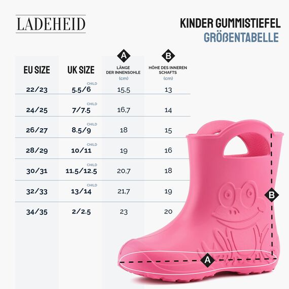 Ladeheid EVA Kinder Jungen Mädchen Gummistiefel Regenschuhe gefüttert Regenstiefel Gummischuhe LA-CA-04 (Hellblau, 32/33 EU)