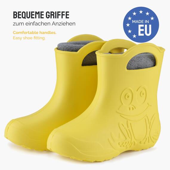 Ladeheid EVA Kinder Jungen Mädchen Gummistiefel Regenschuhe gefüttert LA-CA-03 (Gelb/Grau, 24/25 EU)