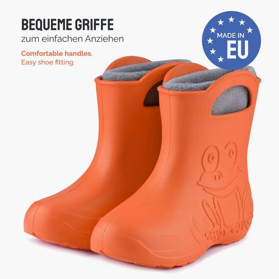 Ladeheid EVA Kinder Jungen Mädchen Gummistiefel Regenschuhe gefüttert LA-CA-03 (Orange/Grau, 34/35 EU)