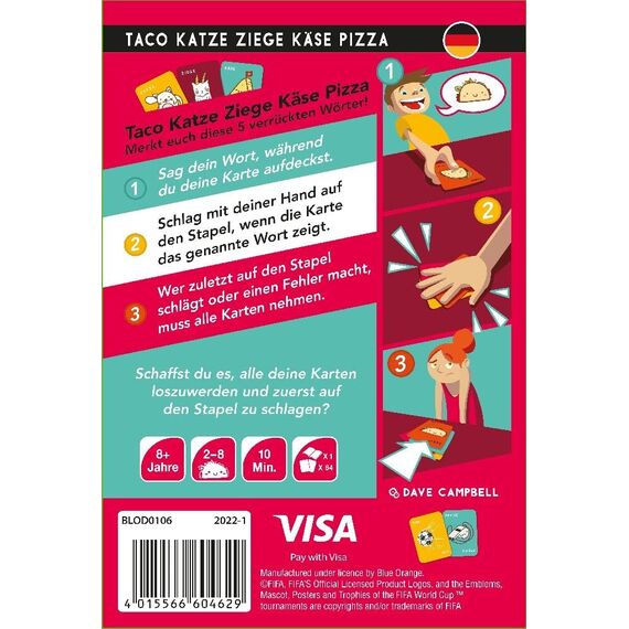 Blue Orange, Taco Katze Ziege Käse Pizza (FIFA-Edition), Partyspiel, Kartenspiel, 2-8 Spieler, Ab 8+ Jahren, 10 Minuten, Deutsch