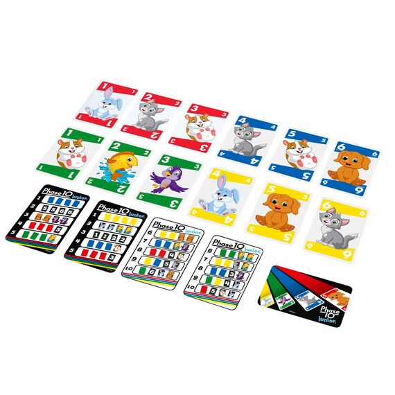 Mattel Phase 10 Junior - Rommé-artiges Spiel mit Mehreren Spielebenen, 56 Karten mit Tierbildern, für 2 bis 4 Spieler, für Kinder ab 4 Jahren, GXX06