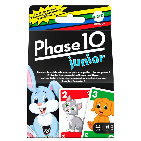Mattel Phase 10 Junior - Rommé-artiges Spiel mit Mehreren Spielebenen, 56 Karten mit Tierbildern, für 2 bis 4 Spieler, für Kinder ab 4 Jahren, GXX06