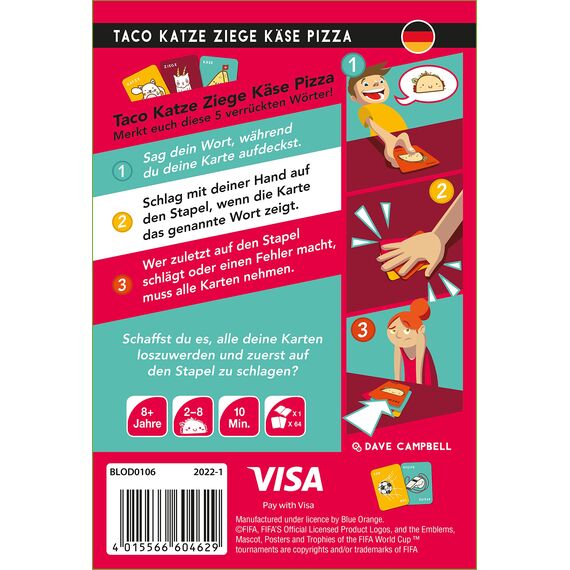 Blue Orange, Taco Katze Ziege Käse Pizza (FIFA-Edition), Partyspiel, Kartenspiel, 2-8 Spieler, Ab 8+ Jahren, 10 Minuten, Deutsch