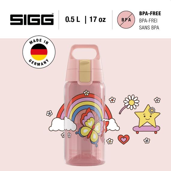 Sigg - Trinkflasche Kinder - Viva One Rainbow - Für Kohlensäurehaltige Getränke Geeignet - Auslaufsicher - Spülmaschinenfest - BPA-frei - Sport & Schule - Rosa mit Regenbogen - 0,5L