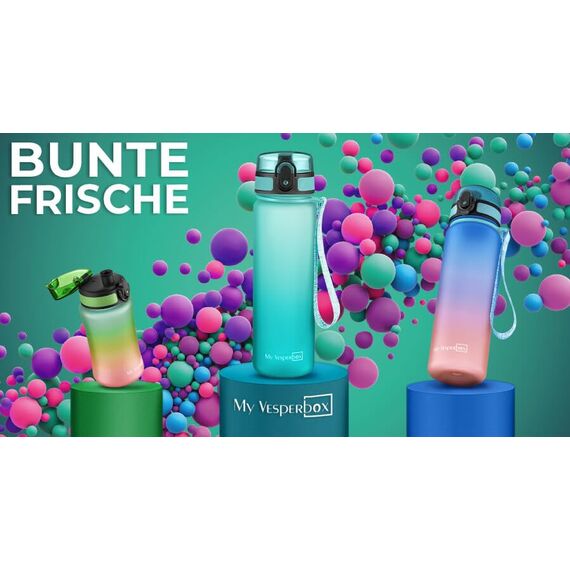 My Vesperbox – Minny - Kinder Trinkflasche auslaufsicher – 500ml – mit Strohhalm oder Sieb - leichte Tritan Wasserflasche - BPA frei - für Kindergarten, Schule (Lila - Grün 500ml)